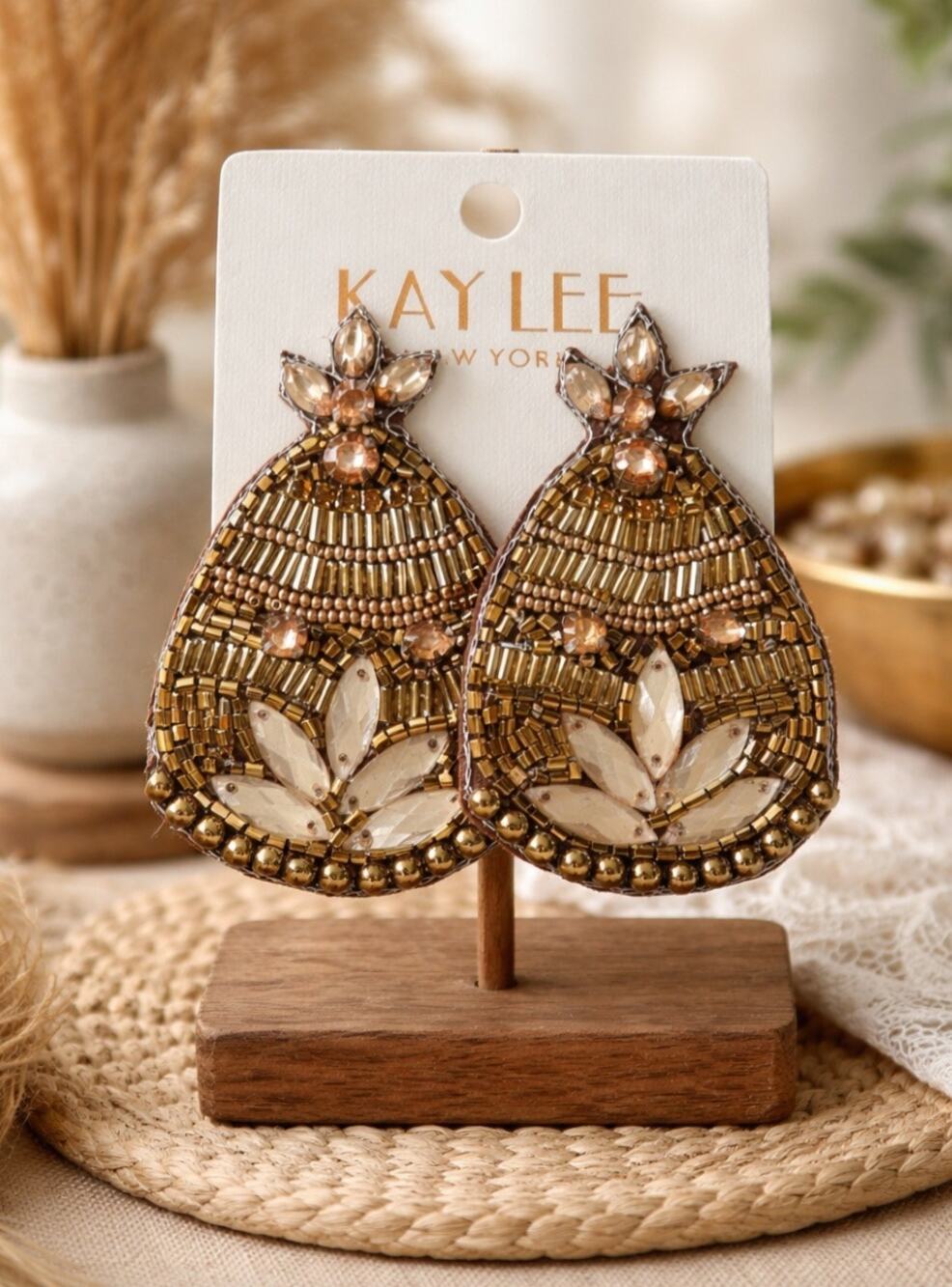 Kay Lee Gold Boho Beaded Stone Earrings New